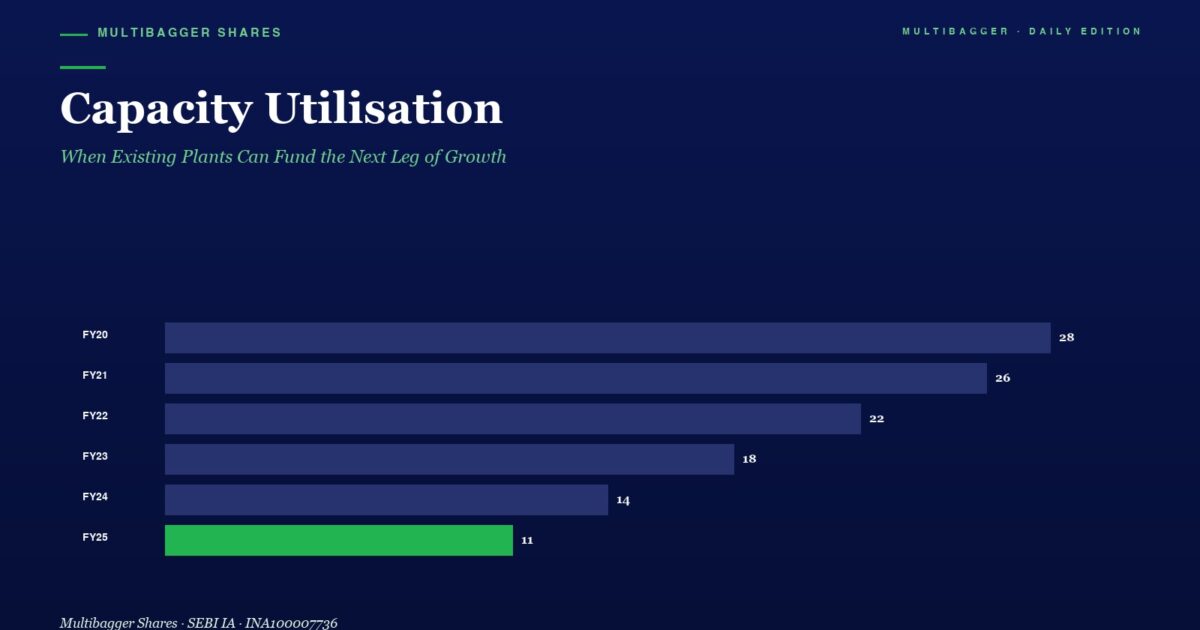 Hero Section with a Dark Navy Background Showing a Capacity Utilisation Bar Chart from Fy20 to Fy25 Ending at 11 for Fy25 green Bar the Page Title is capacity Utilisation with a Subtitle About Growth