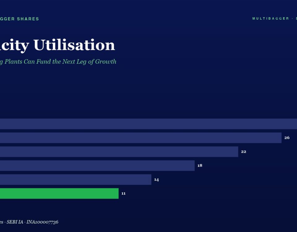 Hero section with a dark navy background showing a capacity utilisation bar chart from FY20 to FY25, ending at 11% for FY25 (green bar). The page title is ‘Capacity Utilisation’ with a subtitle about growth.
