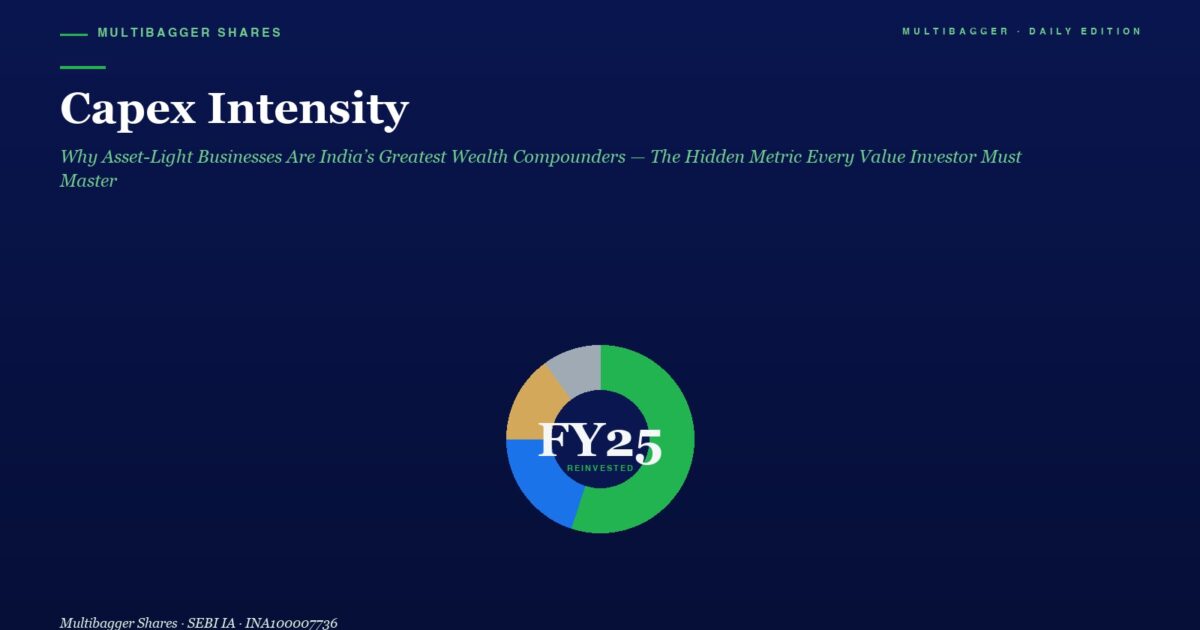 Hero Banner with Navy Gradient Background Large capex Intensity Title Green Italic Subtitle and Top Navigation Text multibagger Shares left and multibagger  Daily Edition right a Centered Multicolored Donut Chart Labeled fy25 Reinvented Sits Below the Title with a Small Italic Caption multibagger Shares  Sebi Ia  Ina100007736 in the Bottom left