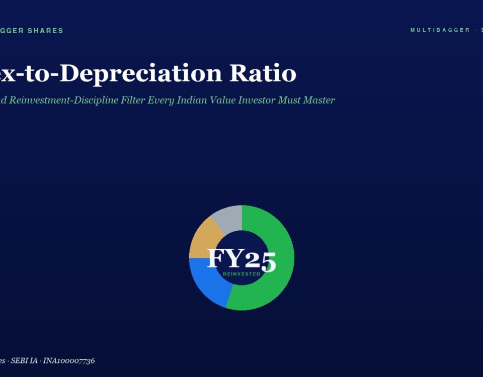 Hero Banner Title capex to depreciation Ratio with Green Accent Marks and a Circular Fy25 Infographic on a Dark Blue Gradient Background Subtitle Mentions Reinvestment Discipline