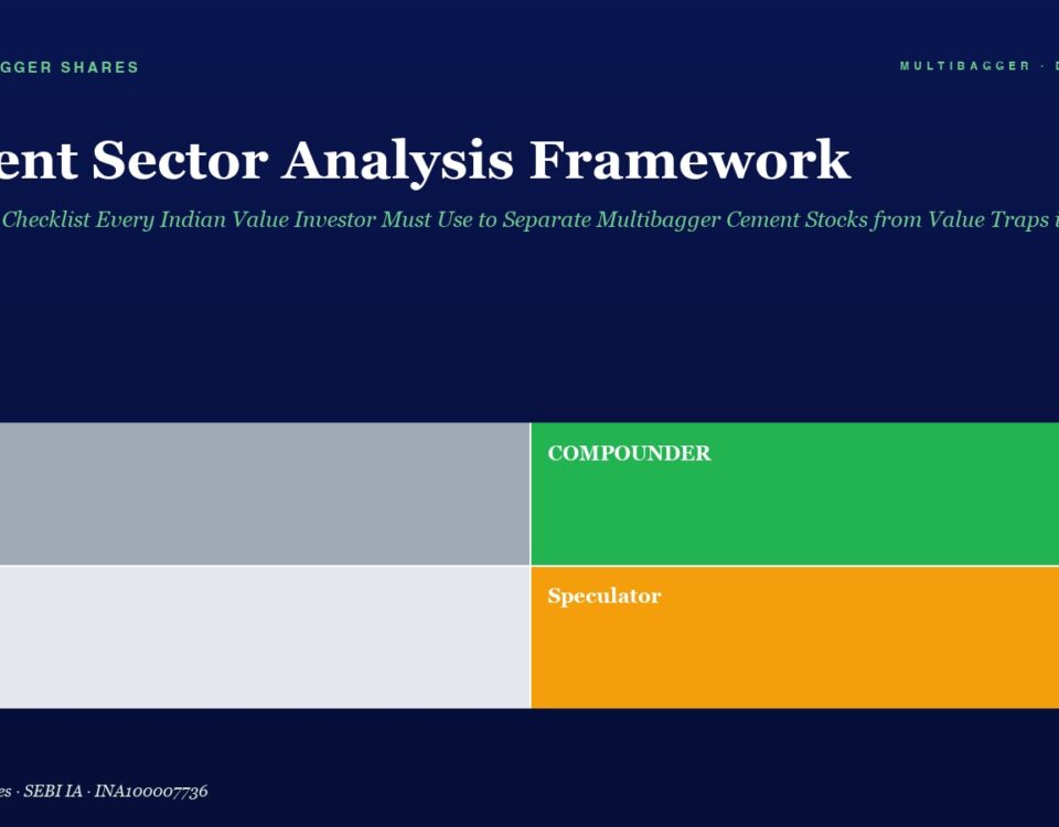 Cement Sector Analysis Framework Grid with Four Colored Blocks Trader gray Compounder green Drift light Gray Speculator orange on a Dark Blue Background