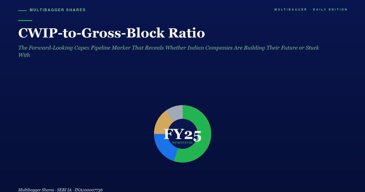 Dark Blue Hero Banner Showing the Headline cwip to gross block Ratio with a Green Italic Subtitle a Circular Multicolor Donut Chart Labeled Fy25 Centered Below the Text Small multibagger Shares Heading at Top Left and a Caption at Bottom Left Reading multibagger Shares  Sebi Ia  Ina100007736