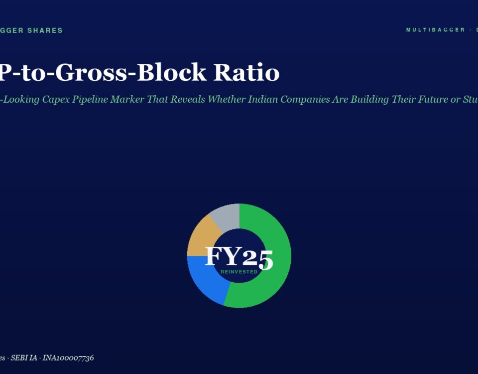 Dark Blue Hero Banner Showing the Headline cwip to gross block Ratio with a Green Italic Subtitle a Circular Multicolor Donut Chart Labeled Fy25 Centered Below the Text Small multibagger Shares Heading at Top Left and a Caption at Bottom Left Reading multibagger Shares  Sebi Ia  Ina100007736