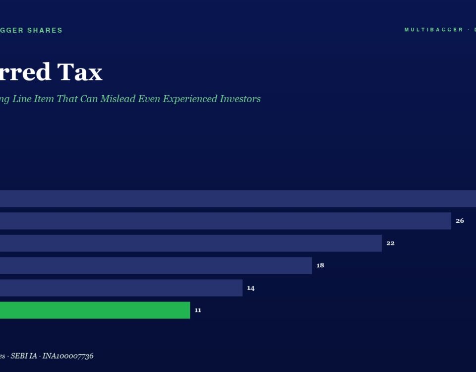Bar chart of deferred tax by fiscal year from FY20 to FY25, values: 28, 26, 22, 18, 14, 11; FY25 bar is green.