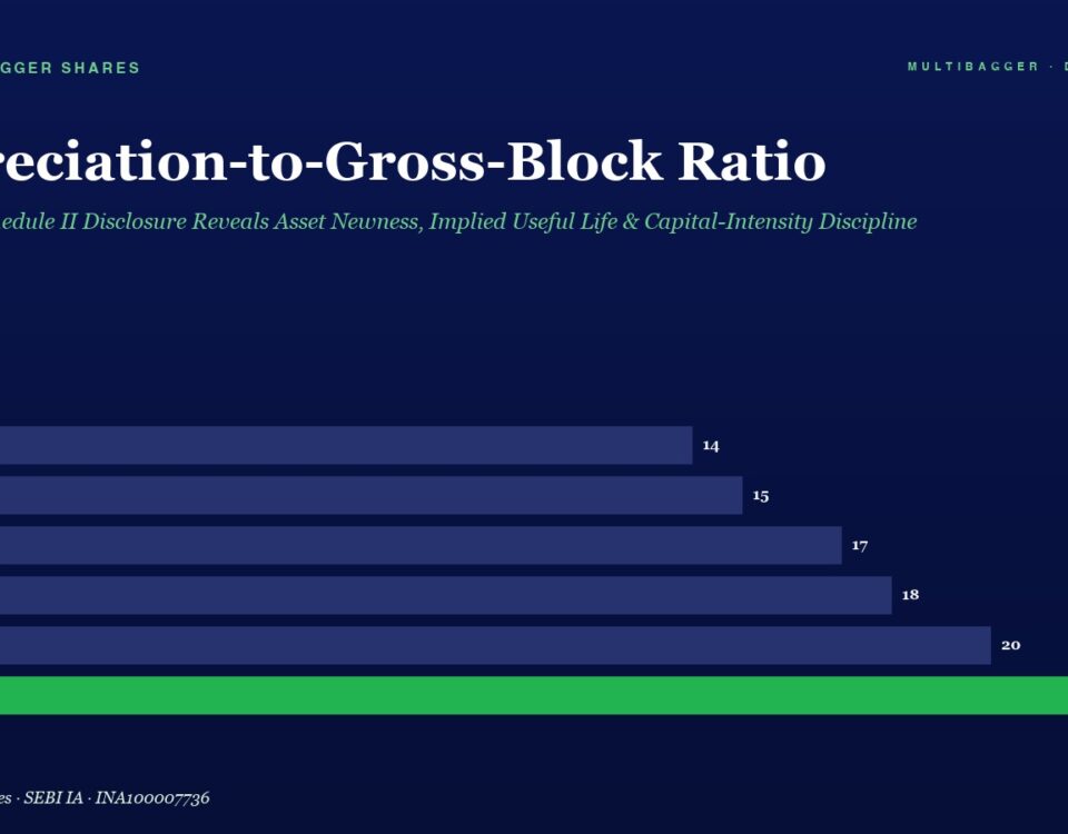 Bar Chart of Depreciation to gross block Ratio by Fiscal Year Rising from 14 fy20 to 22 fy25 with Fy25 Highlighted in Green Vs Dark Blue Bars for Earlier Years