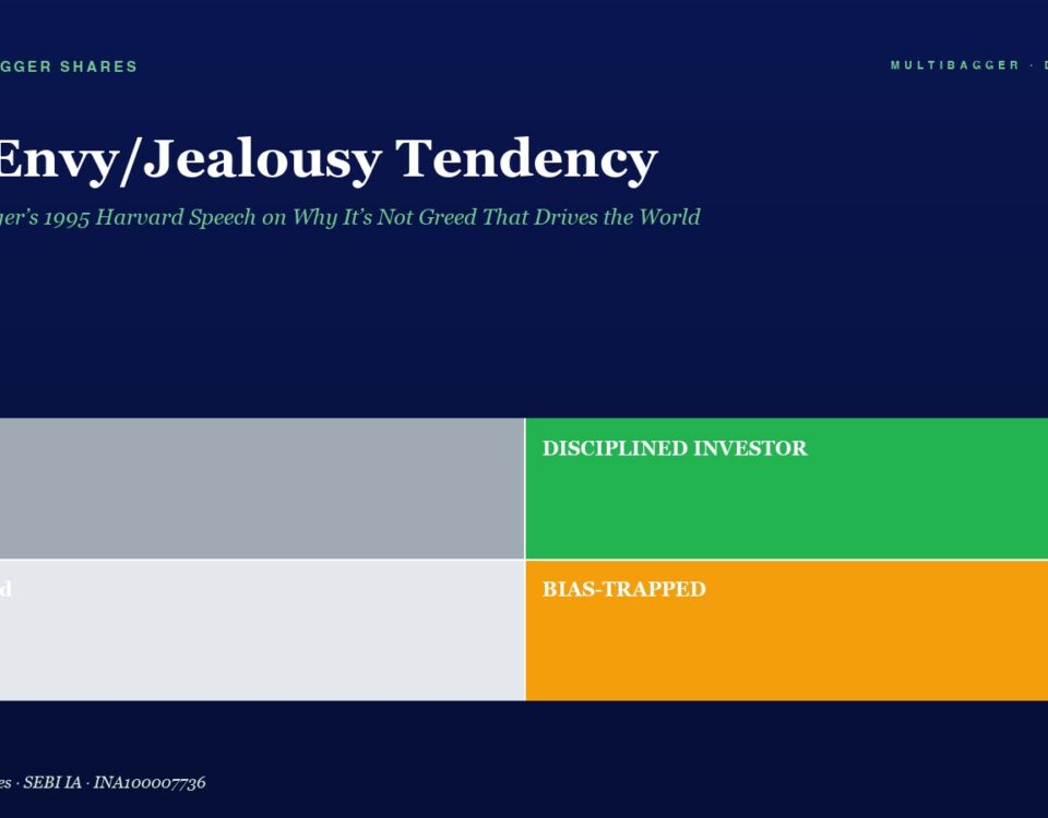 Large Page Header with the Title the Envyjealousy Tendency and Subtitle About Charlie Munger Set on a Dark Blue Background Below is a 2x2 Color Grid Labeled Lucky Disciplined Investor Confused and Bias trapped