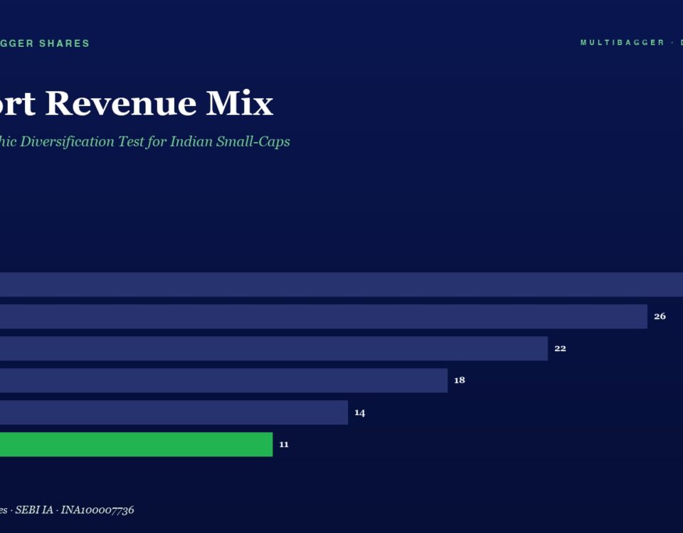 Dark Blue Page with the Title export Revenue Mix and a Horizontal Bar Chart of Fiscal Years Fy20fy25 Values Are 28 26 22 18 14 11 with Fy25 Shown in Green