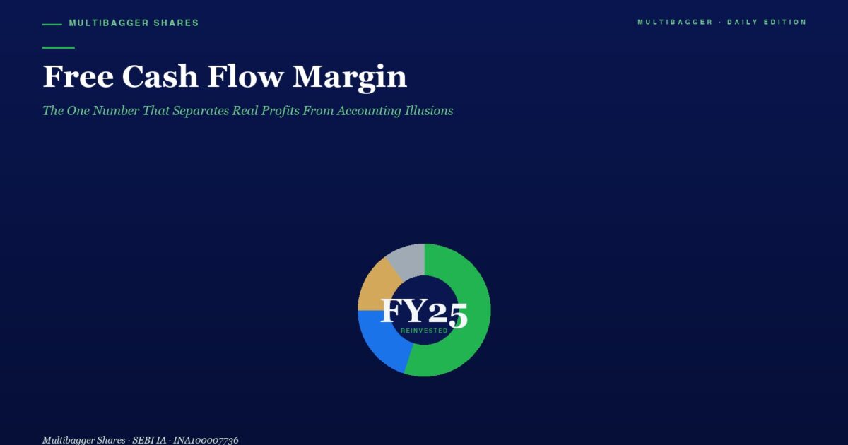 Dark Navy Hero with the Headline free Cash Flow Margin a Green Subtitle and a Centered Multi color Donut Chart Labeled Fy25 Reinvested at the Bottom Half of the Image