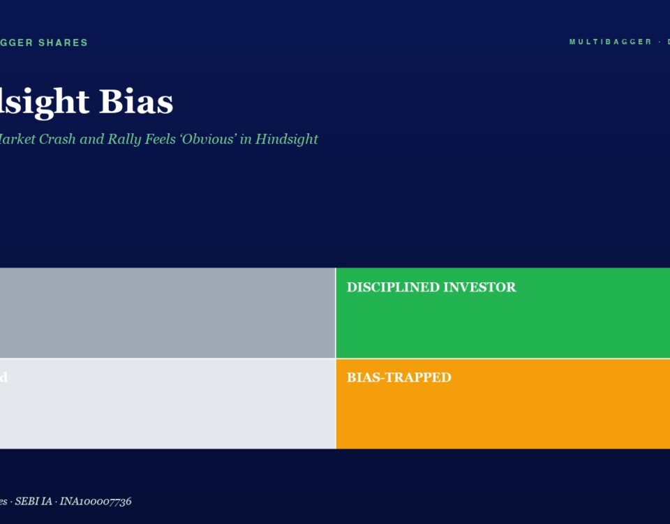 Hero Section Title hindsight Bias with Subtitle About Market Crashes Plus a 2x2 Colored Grid Labeled Lucky Disciplined Investor Confused Bias trapped to Illustrate Bias Themes