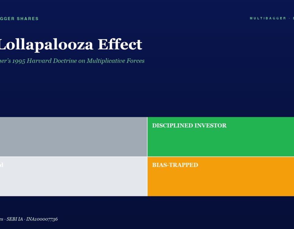 Infographic showing four blocks labeled Lucky (gray), Disciplined Investor (green), Confused (light gray), Bias-Trapped (orange) under The Lollapalooza Effect.
