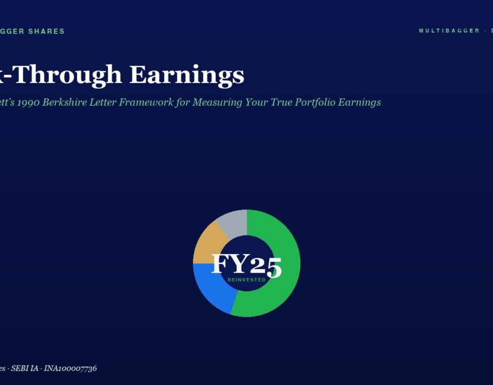 Hero section with title 'Look-Through Earnings' over a dark blue gradient, subtitle text, and a centered multicolor donut chart labeled 'FY25 Reinvested'.