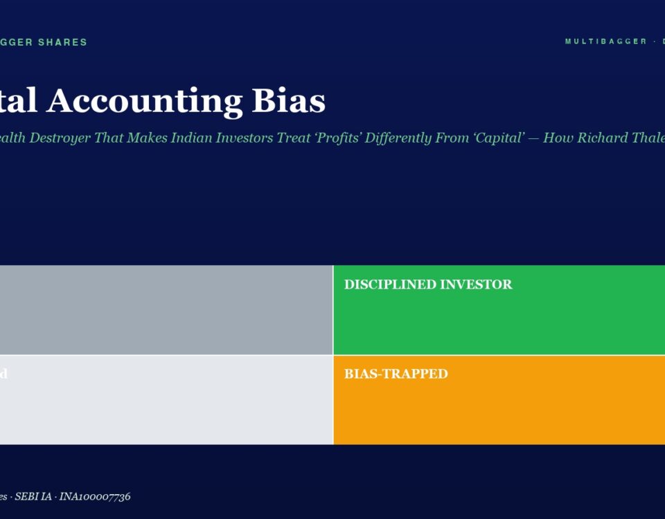 Hero Header for an Article on Mental Accounting Bias Showing a Fourpanel Diagram Top left lucky gray Top right discipined Investor green Bottom left confused light Gray Bottom right bias trapped orange Dark Blue Page with Subtitle