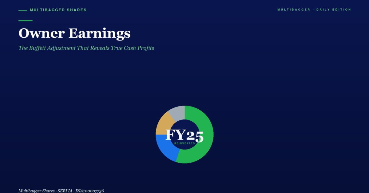Hero Header with Title owner Earnings and Subtitle the Buffett Adjustment That Reveals True Cash Profits over a Dark Blue Gradient Background Plus a Colorful Donut Chart Labeled fy25 Reinvested Centered Below
