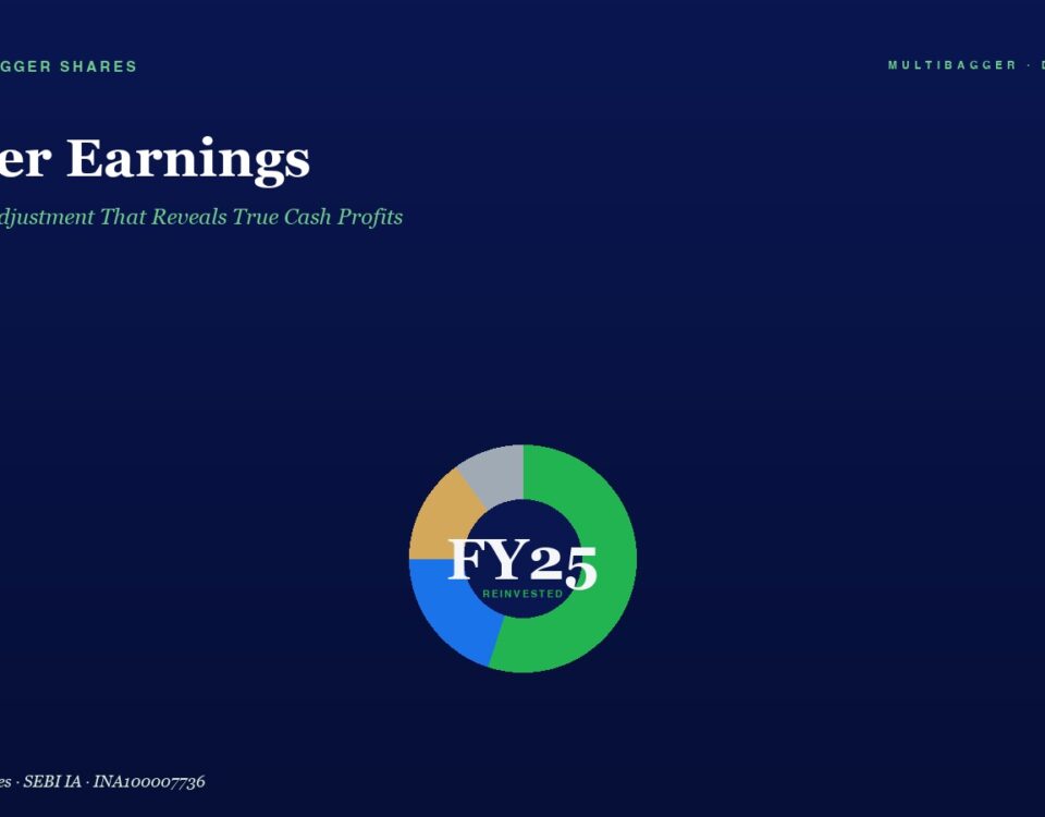 Hero Header with Title owner Earnings and Subtitle the Buffett Adjustment That Reveals True Cash Profits over a Dark Blue Gradient Background Plus a Colorful Donut Chart Labeled fy25 Reinvested Centered Below