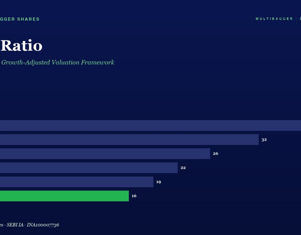Infographic bar chart titled PEG Ratio: Growth-Adjusted Valuation by year, showing FY20 38 down to FY25 16, with FY25 bar highlighted in green.