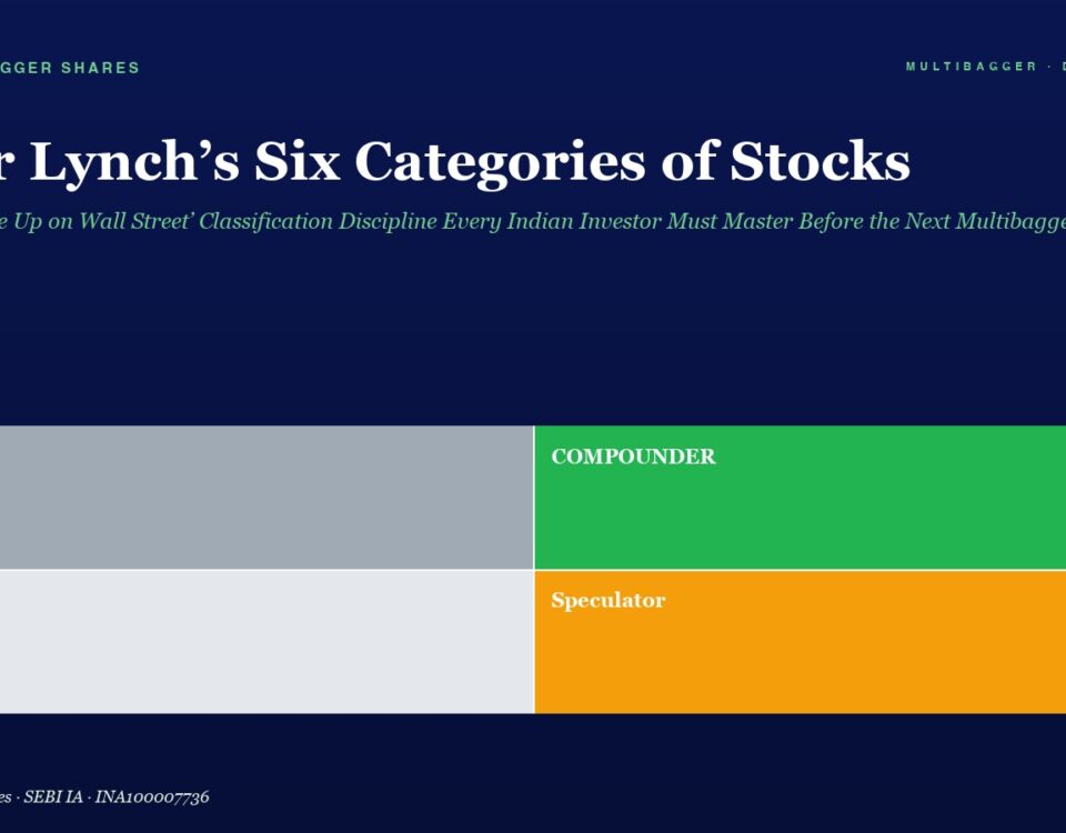 Hero section: title 'Peter Lynch’s Six Categories of Stocks' with subtitle; four color blocks labeled Trader, Compounding, Drift, Speculator.