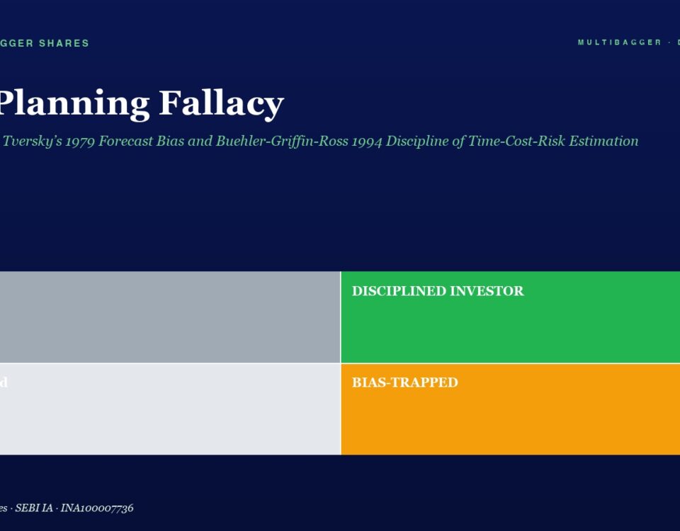 Title the Planning Fallacy with a Four panel Color Chart Labeled Lucky Disciplined Investor Confused and Bias trapped gray Green Light Gray Orange