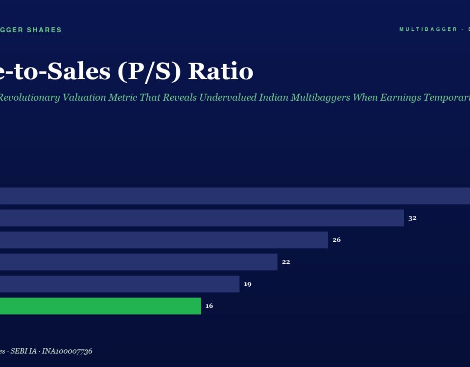 Infographic: Price-to-Sales (P/S) Ratio with a horizontal bar chart from FY20 to FY25 showing values 38, 32, 26, 22, 19, and 16; FY25 bar is green to highlight the final value, captioned 'Multibagger Shares' page with a subtitle about undervalued Indian multibaggers.