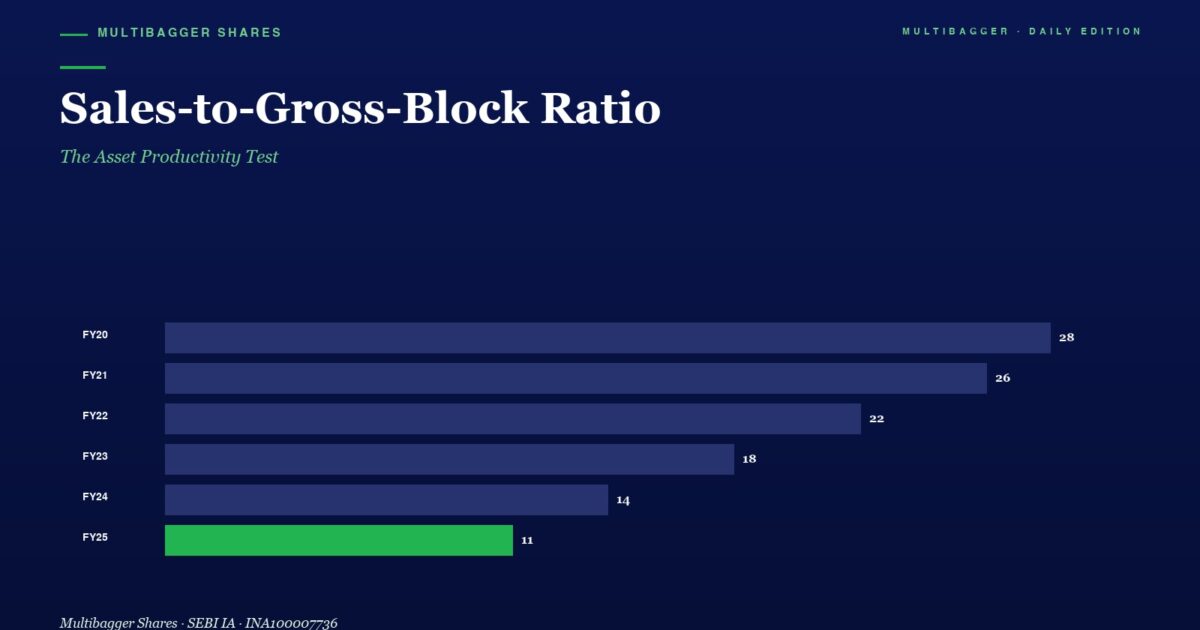 Bar Chart of Sales to gross block Ratio by Fiscal Year fy20fy25 Values Drop from 28 to 11 Fy25 Bar is Green