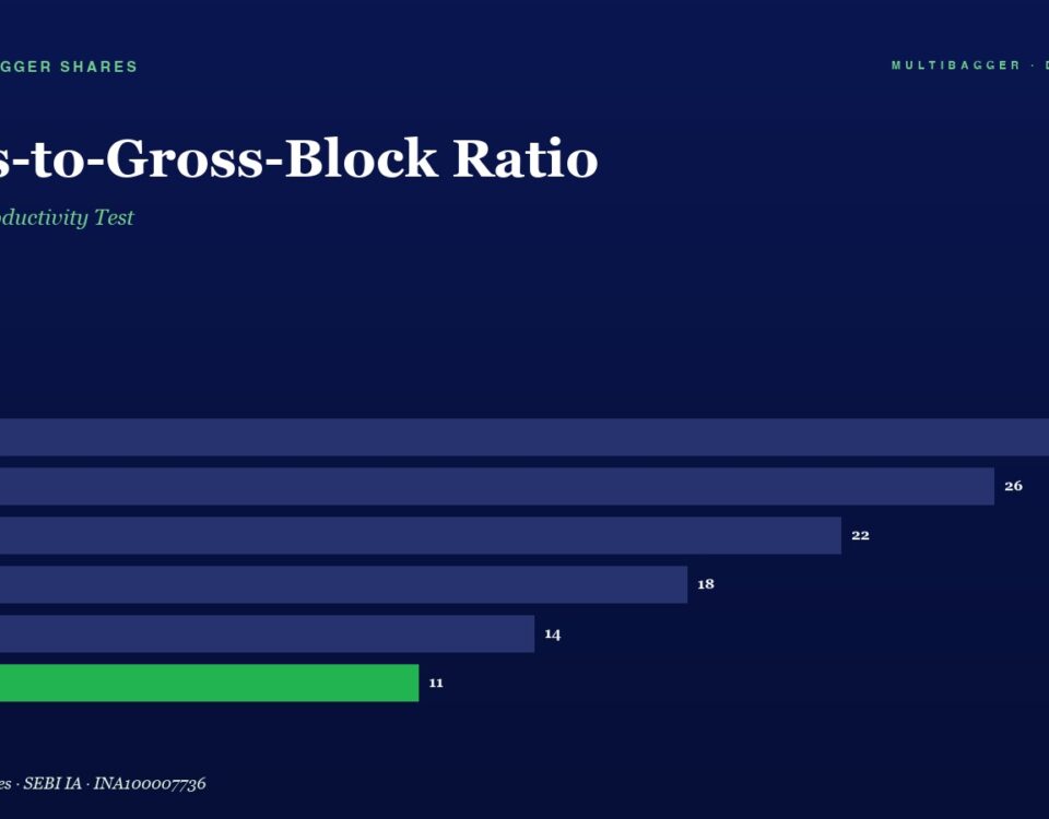 Bar Chart of Sales to gross block Ratio by Fiscal Year fy20fy25 Values Drop from 28 to 11 Fy25 Bar is Green
