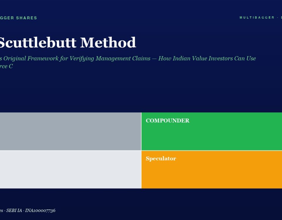 Hero Section with the Title the Scuttlebutt Method and Subtitle Plus a Four block Grid Labeled Trader gray Compounder green Drift light Gray and Speculator orange