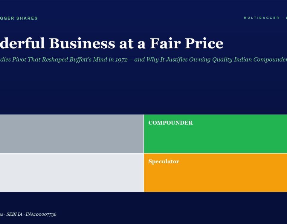 Hero Title wonderful Business at a Fair Price with Subtitle About Buffett and Indian Compounds on a Dark Blue Background