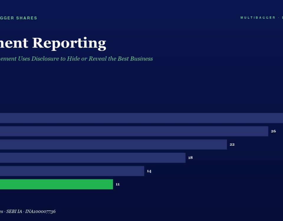 Horizontal bar chart titled Segment Reporting showing yearly values from FY20 to FY25; FY25 bar is green with value 11, trend downward from 28 to 11.