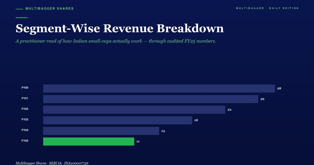 Infographic Segment wise Revenue Breakdown Bar Chart from Fy20 to Fy25 Dark Blue Background Green Highlight for Fy25 Values Shown at Bar Ends 28 26 22 18 14 11 Title Reads segment wise Revenue Breakdown with Subtitle Italic Text Beneath