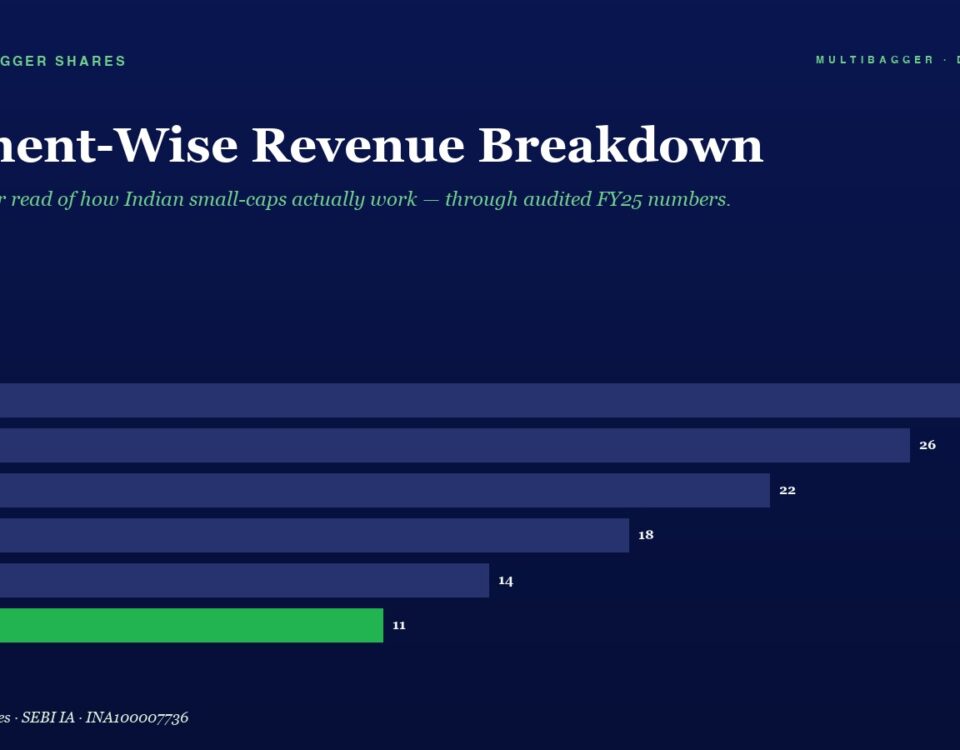 Infographic: segment-wise revenue breakdown bar chart from FY20 to FY25, dark blue background, green highlight for FY25; values shown at bar ends (28, 26, 22, 18, 14, 11). Title reads 'Segment-Wise Revenue Breakdown' with subtitle italic text beneath.