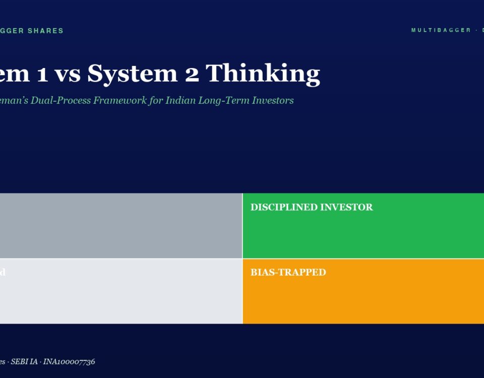 Hero Image with the Title system 1 Vs System 2 Thinking and a 2x2 Color Grid Top left Lucky gray Top right Disciplined Investor green Bottom left Confused light Gray Bottom right Bias trapped orange on a Dark Blue Background