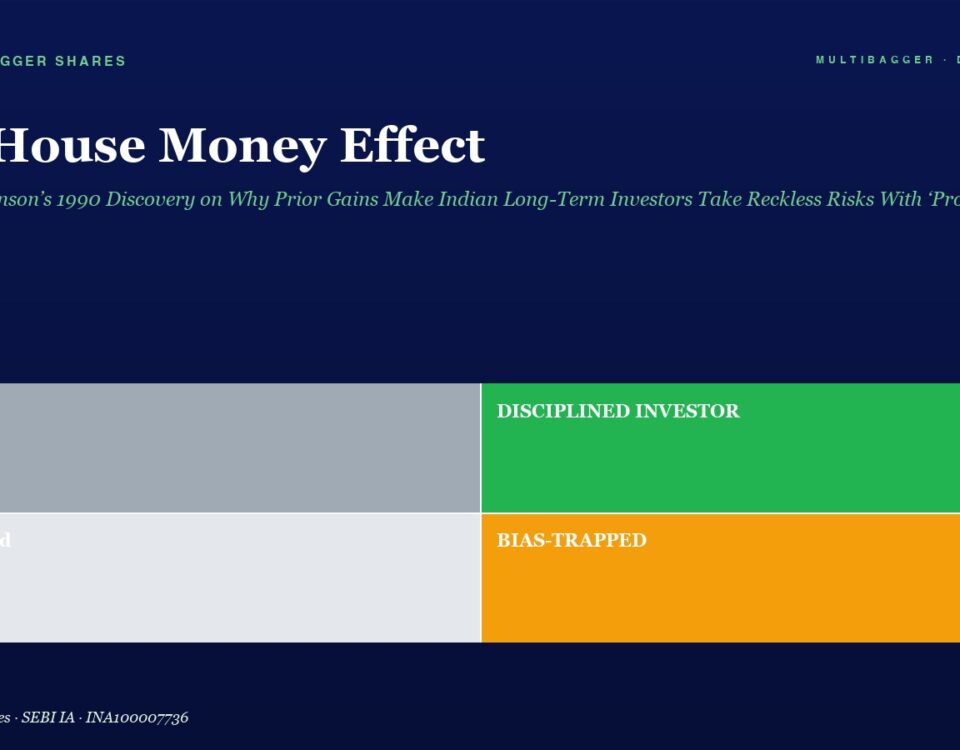 Hero Header with Title the House Money Effect and Subtitle a 2x2 Color Grid Top left Gray Block lucky Top right Green Block disciplined Investor Bottom left Light Gray confused Bottom right Orange bias trapped
