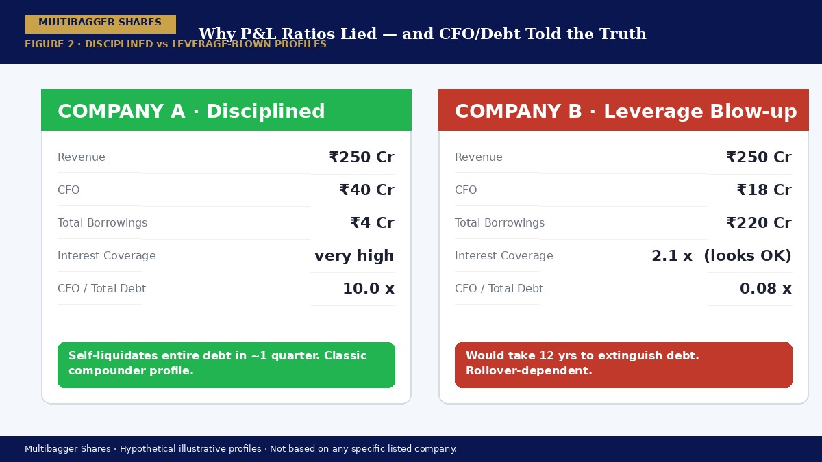 Company A vs Company B disciplined versus leverage-blown comparison