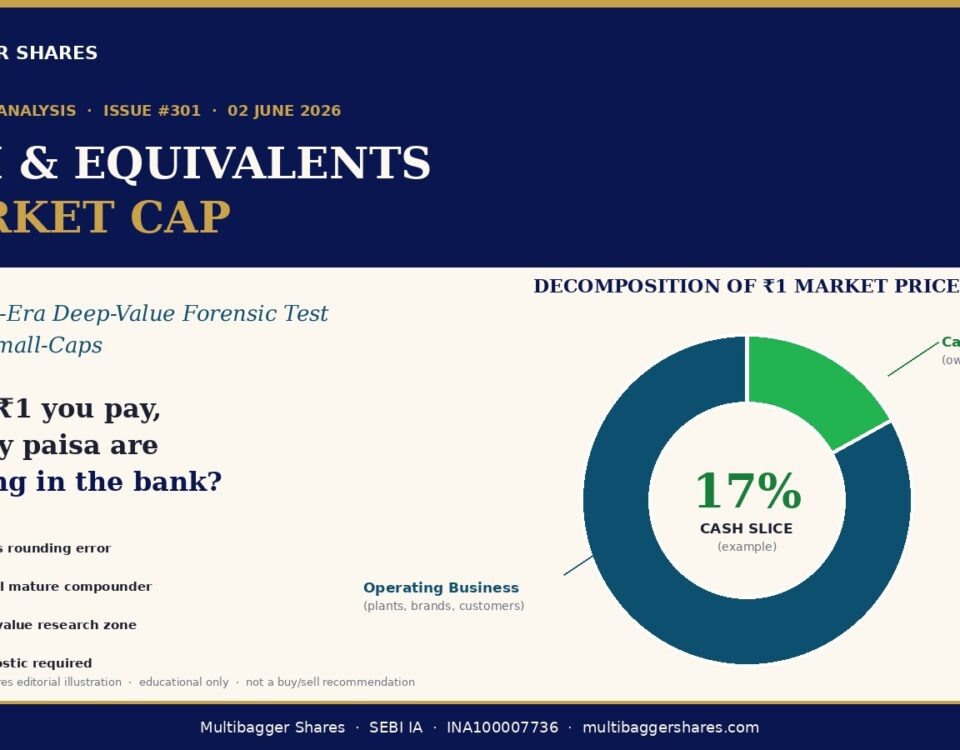 Cover Page of Multibagger Shares Issue 301 Cash  Equivalents  Market Cap with a Circular Donut Chart Showing 17 Cash Slice and Legends for Liquidity and Operating Business Accessors