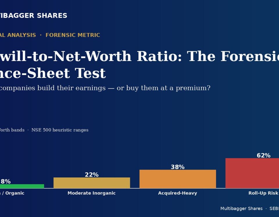Title and Subtitle of a Metrics Graphic Goodwill to net worth Ratio the Forensic Balance sheet Test did Indian Companies Build Earnings or Buy Them at a Premium with a Four bar Chart Cleanorganic 8 Moderate Inorganic 22 Acquired heavy 38 Roll up Risk 62 on a Dark Blue Gradient Background