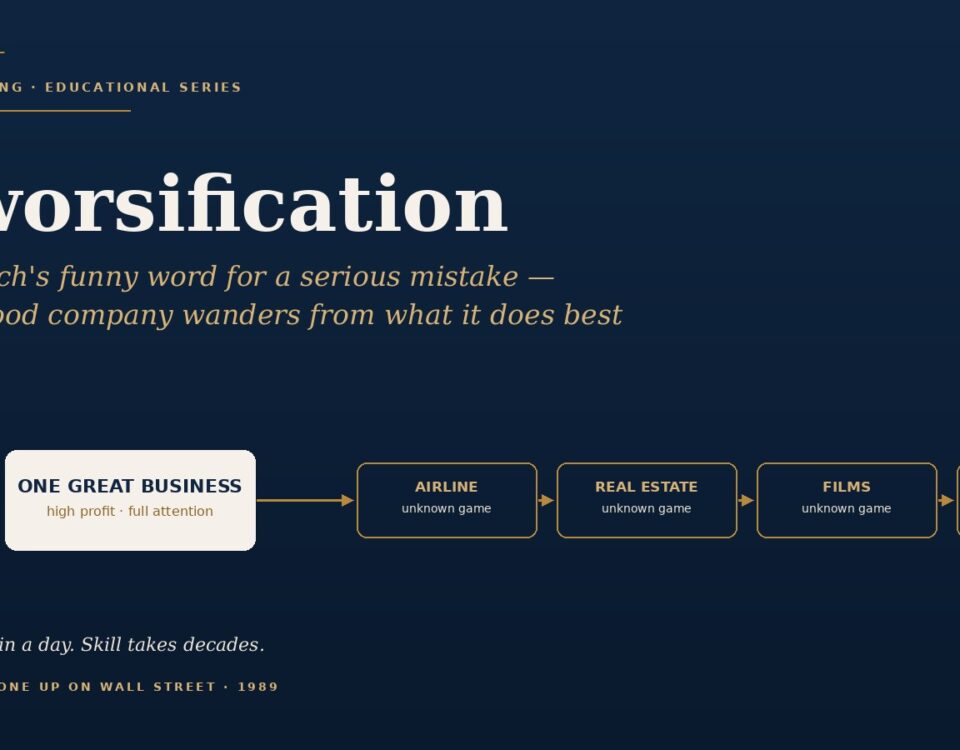 Flow Diagram Showing Diversification a White Rounded Box Labeled one Great Business Connects to Orange outlined Boxes airline real Estate films anything hot on a Dark Navy Background