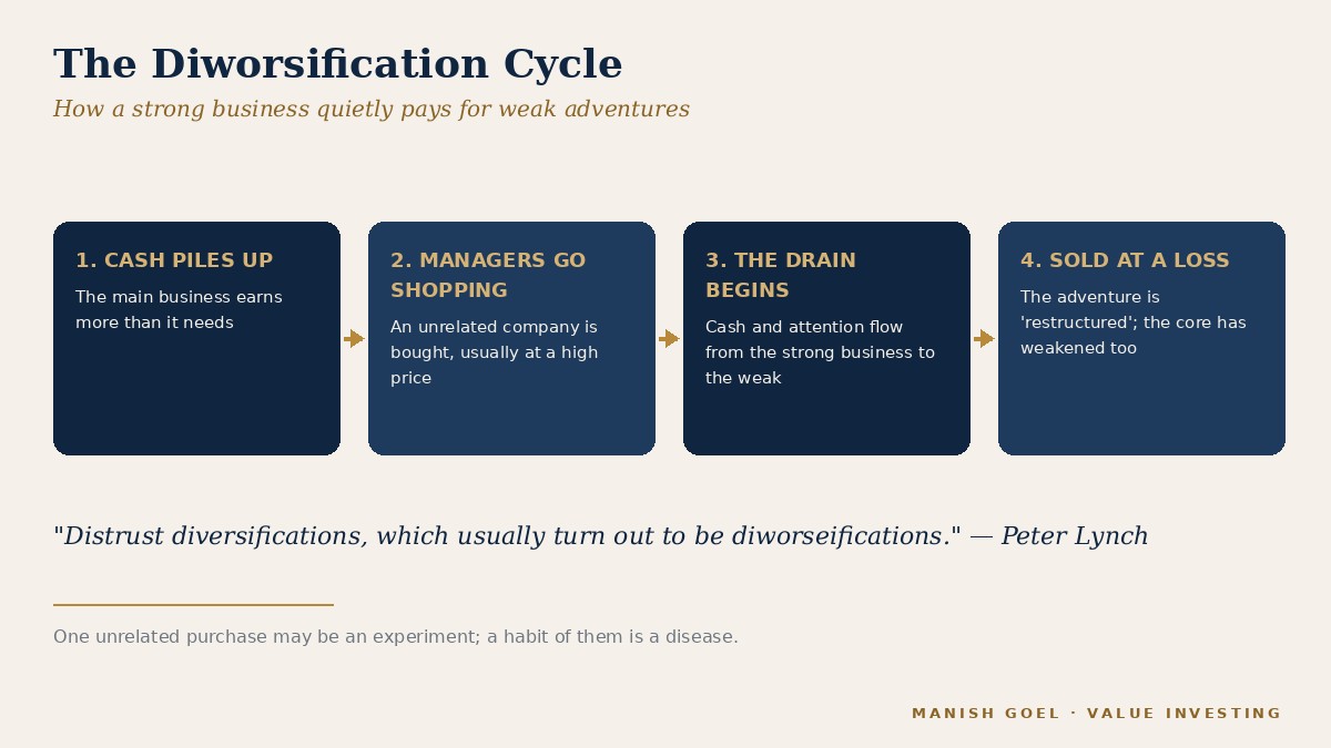 Figure 1 — The diworsification cycle: how a strong business quietly pays for weak adventures.