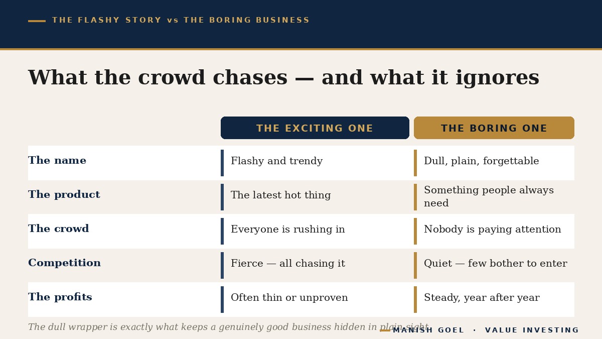 A side-by-side comparison of the exciting, flashy business that the crowd chases versus the boring business it ignores, across the name, the product, the crowd, competition, profits, and your peace of mind