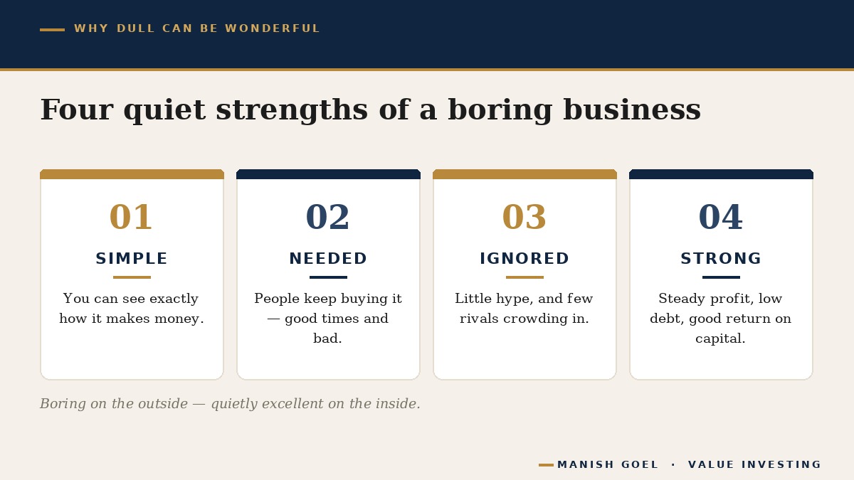 Four cards showing what often makes a boring business a wonderful one: you can understand it, people keep buying it, the crowd ignores it, and the numbers are quietly strong