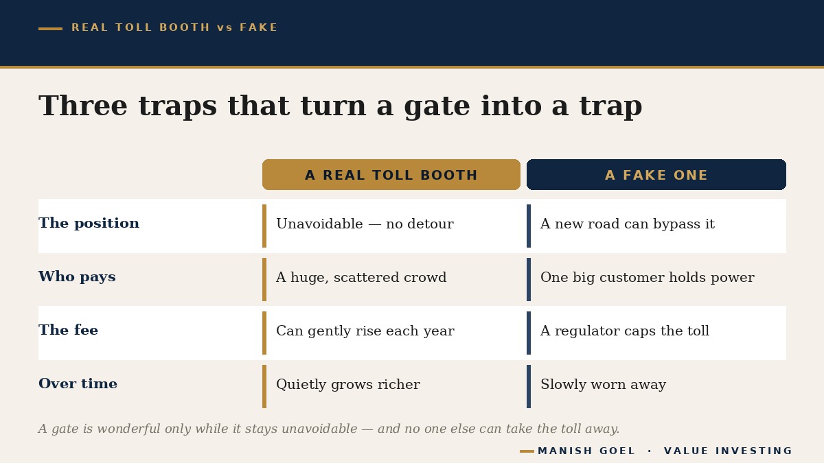 A two-column comparison of a real toll booth versus a fake one: the real toll booth has an unavoidable position, a scattered crowd of payers and a freely-rising toll, while the fake one has a capped fee, an easy bypass and depends on one big customer