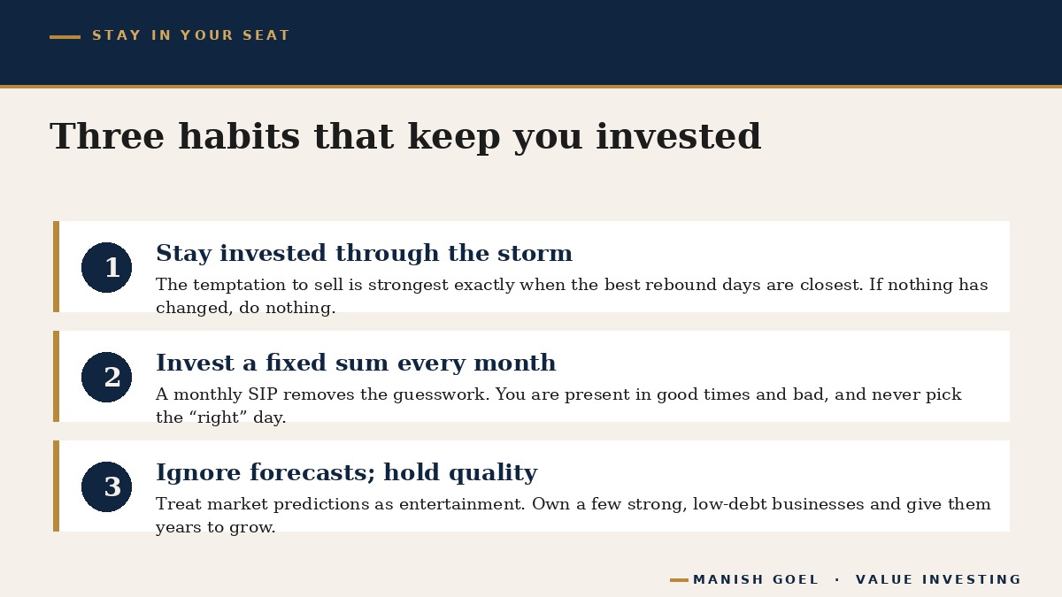 Three habits: stay invested, invest every month, ignore forecasts and hold quality