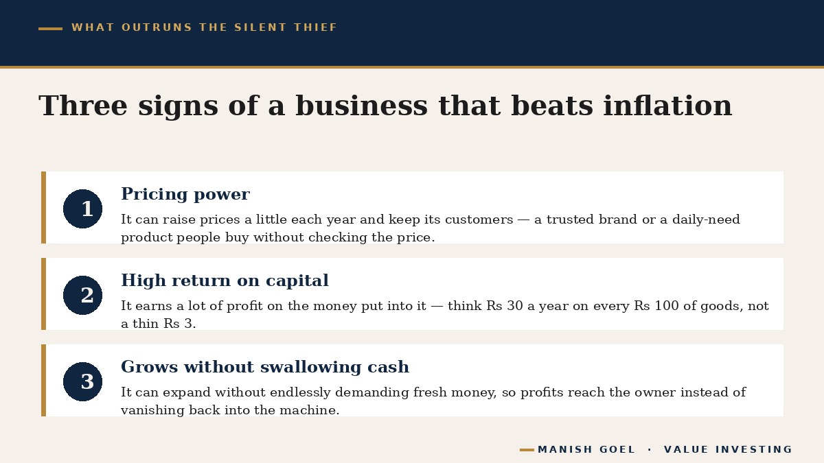 Three signs of a business that can beat inflation: pricing power, high return on capital, and low extra capital needed to grow