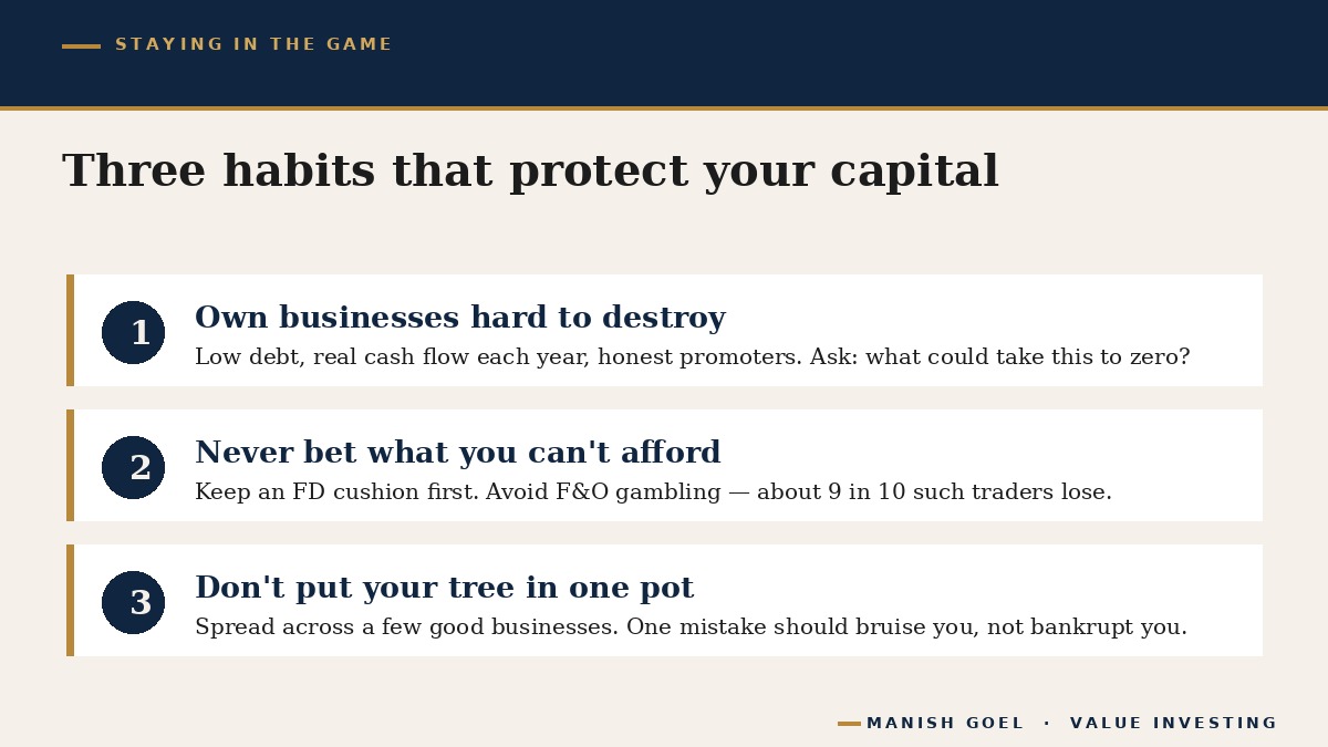 Three habits that protect your capital: own businesses hard to destroy, never bet what you cannot afford, and do not put your tree in one pot.