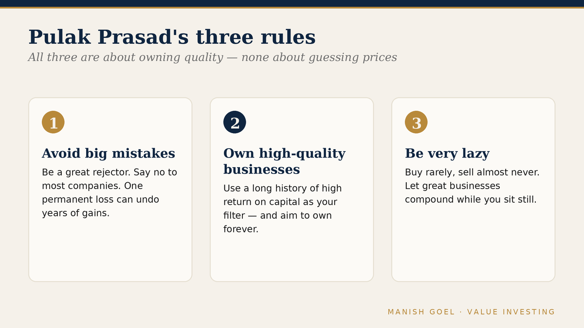 Pulak Prasad's three rules: avoid big mistakes, own high-quality businesses, and be very lazy.
