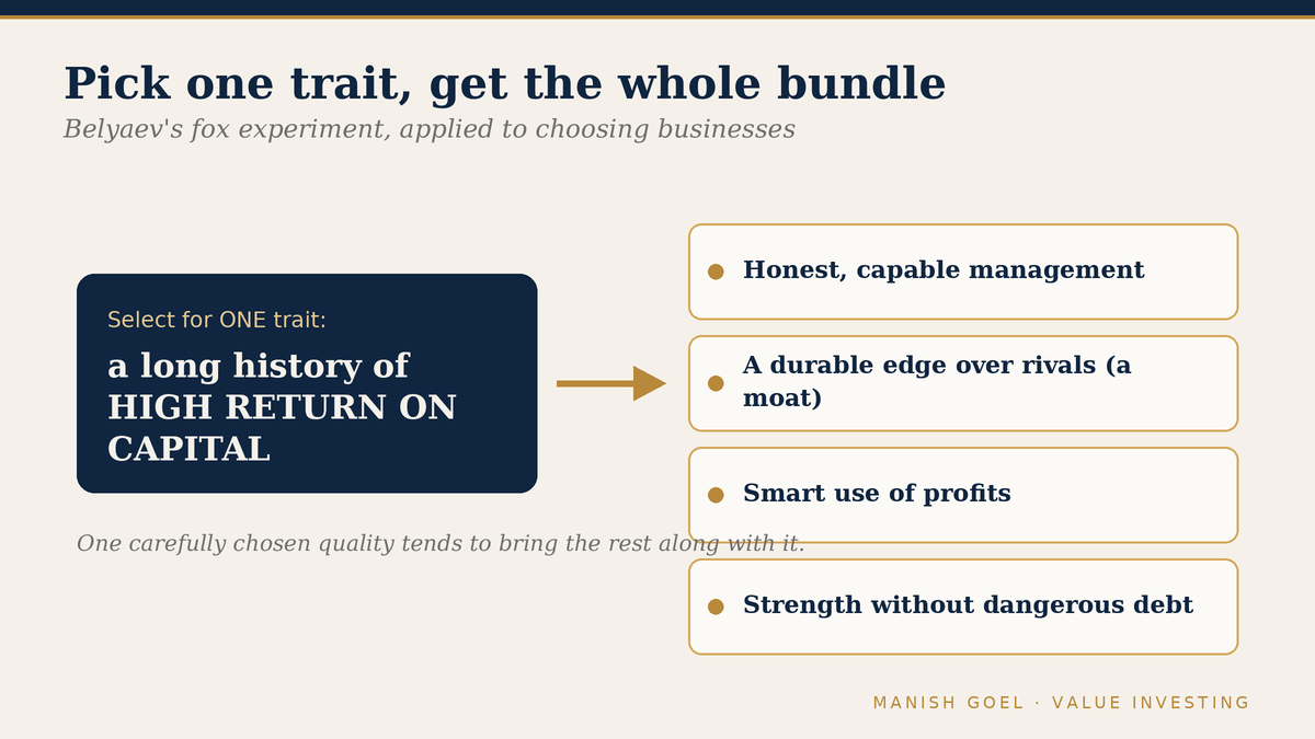 Selecting businesses for one trait, a long history of high return on capital, tends to surface honest management, a moat, smart capital allocation and low financial risk.