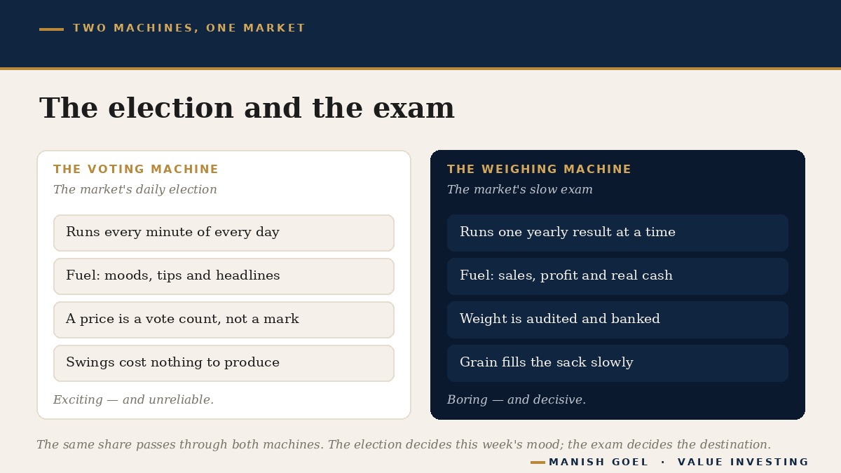 The election and the exam: how the market's daily voting machine differs from its long-run weighing machine