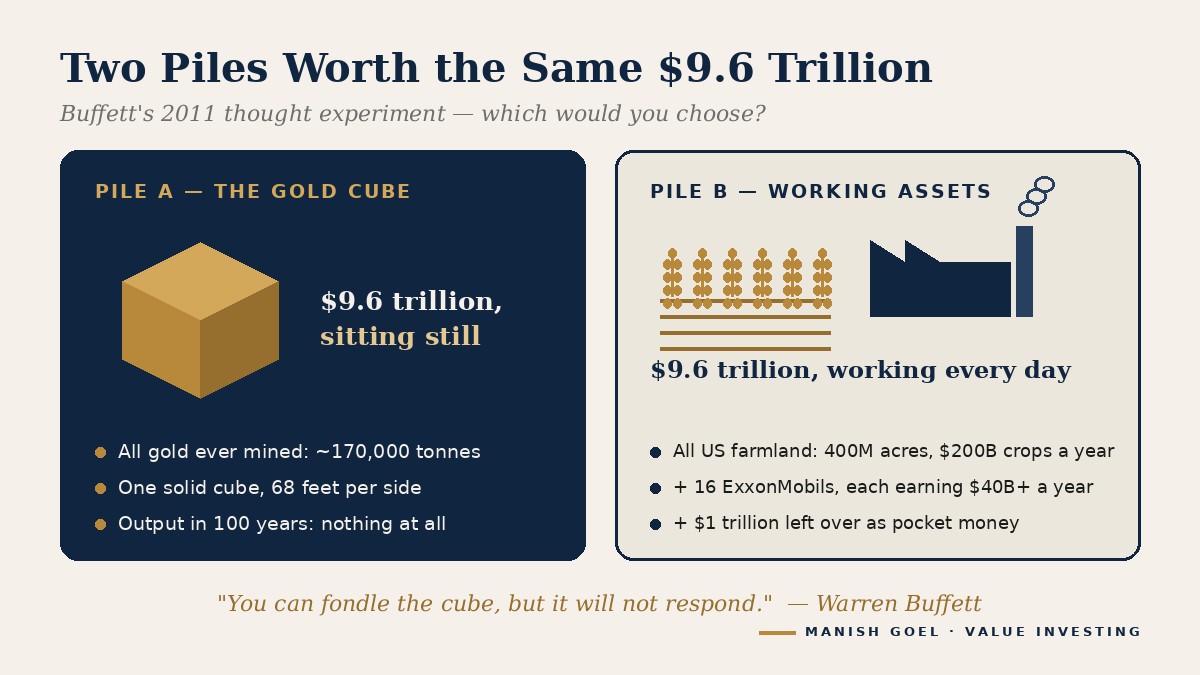 Buffett's 2011 thought experiment: the same $9.6 trillion as a cube that sits — or as farms and businesses that work every day.