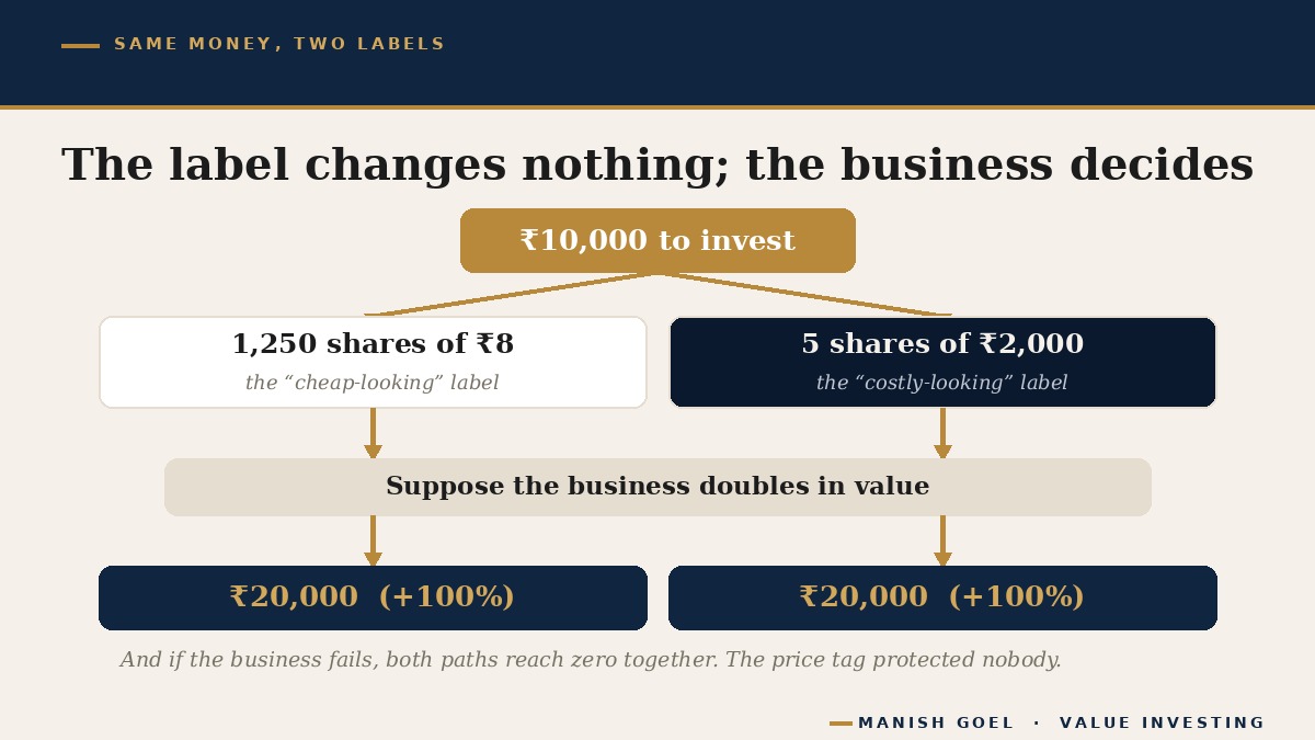 Ten thousand rupees invested two ways: twelve hundred fifty shares of eight rupees, or five shares of two thousand rupees - if the business doubles, both paths become twenty thousand rupees; if it fails, both become zero