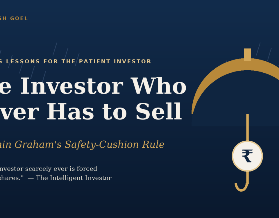 Hero Banner with Navy Background and Large White Title the Investor Who Never Has to Sell Gold Decorative Elements on the Right and a Hanging Coin Motif