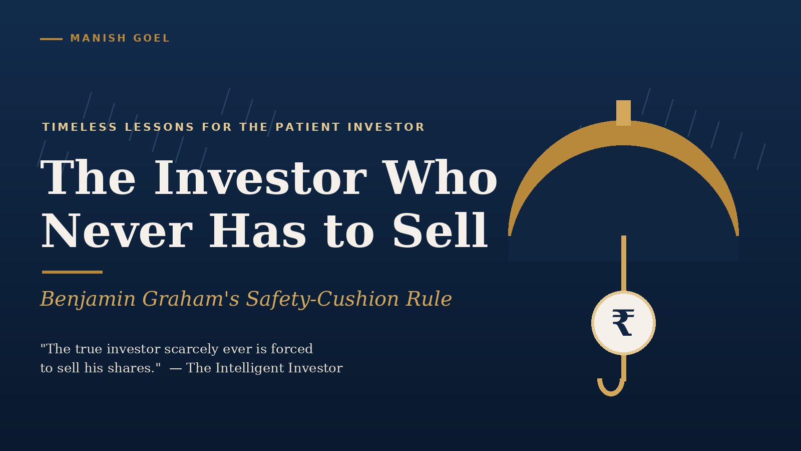 Hero banner with navy background and large white title: The Investor Who Never Has to Sell, gold decorative elements on the right, and a hanging coin motif.
