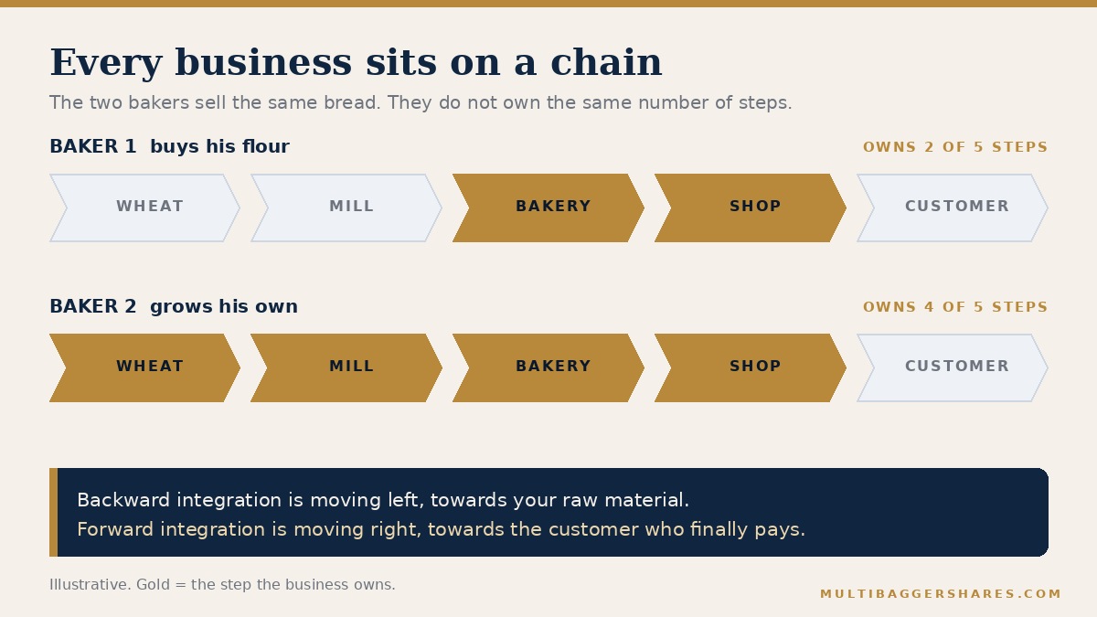 Two rows of five chevrons labelled wheat, mill, bakery, shop and customer; the first row has two gold chevrons and the second has four.